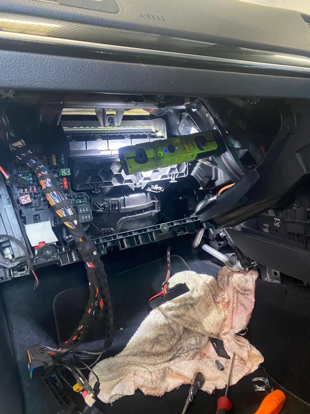 A VW Golf dashboard opened up to reach the heater matrix in the Attwood Motors workshop